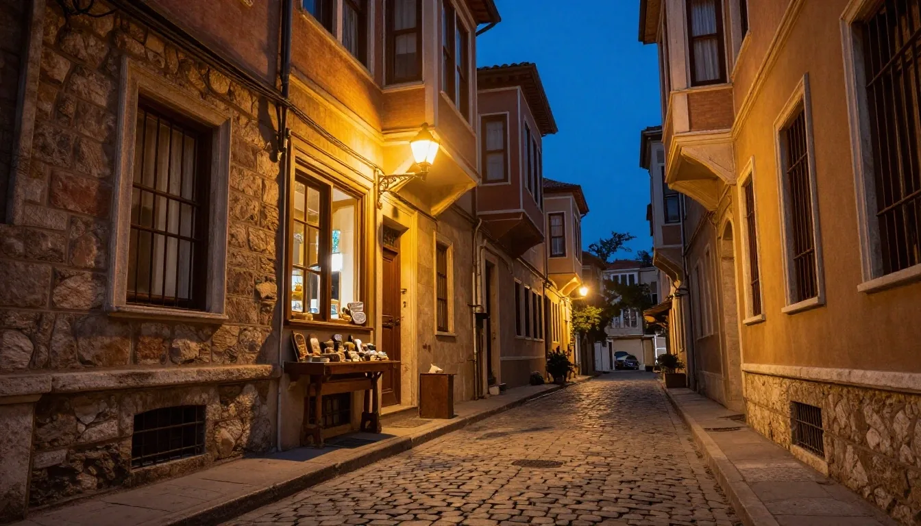 Akşam ışıkları altında İstanbul sokağı ve çalışma tezgâhı