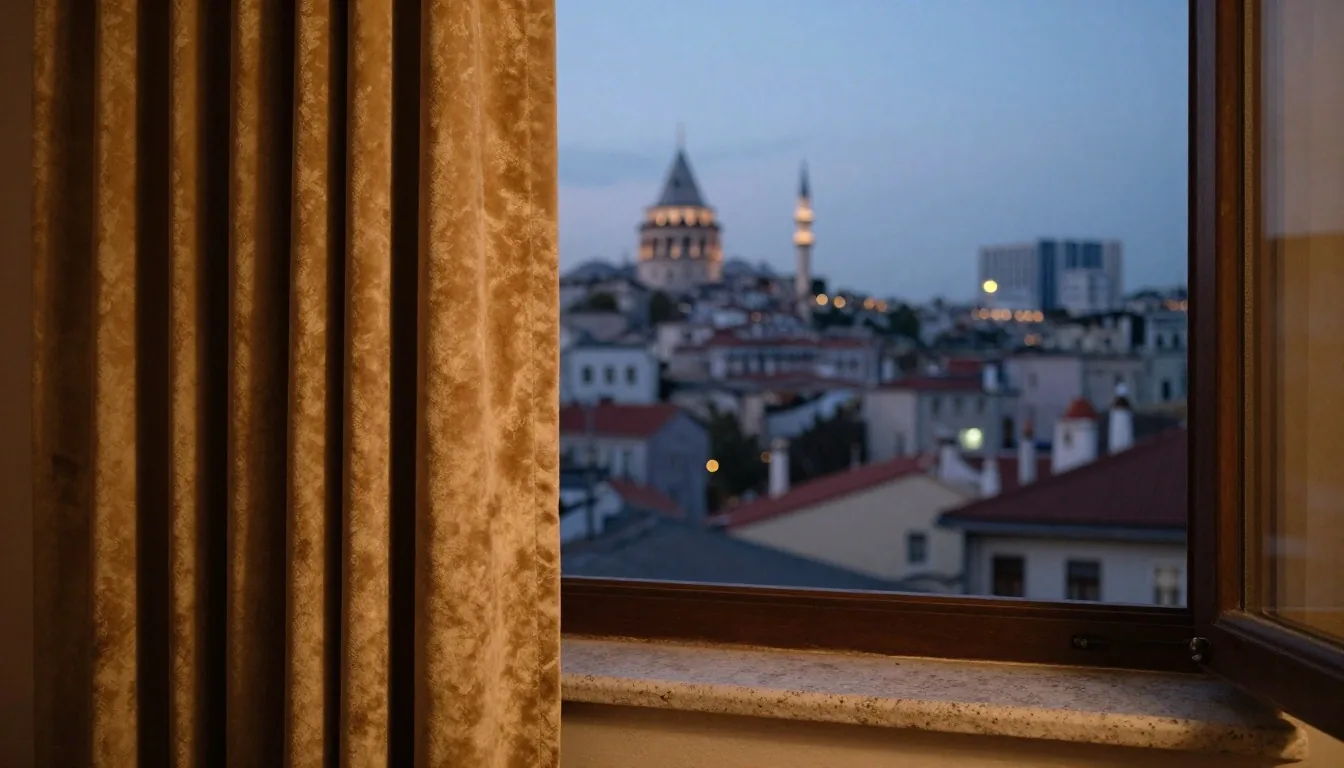 Akşam ışığında İstanbul sokağına bakan çalışma tezgâhı