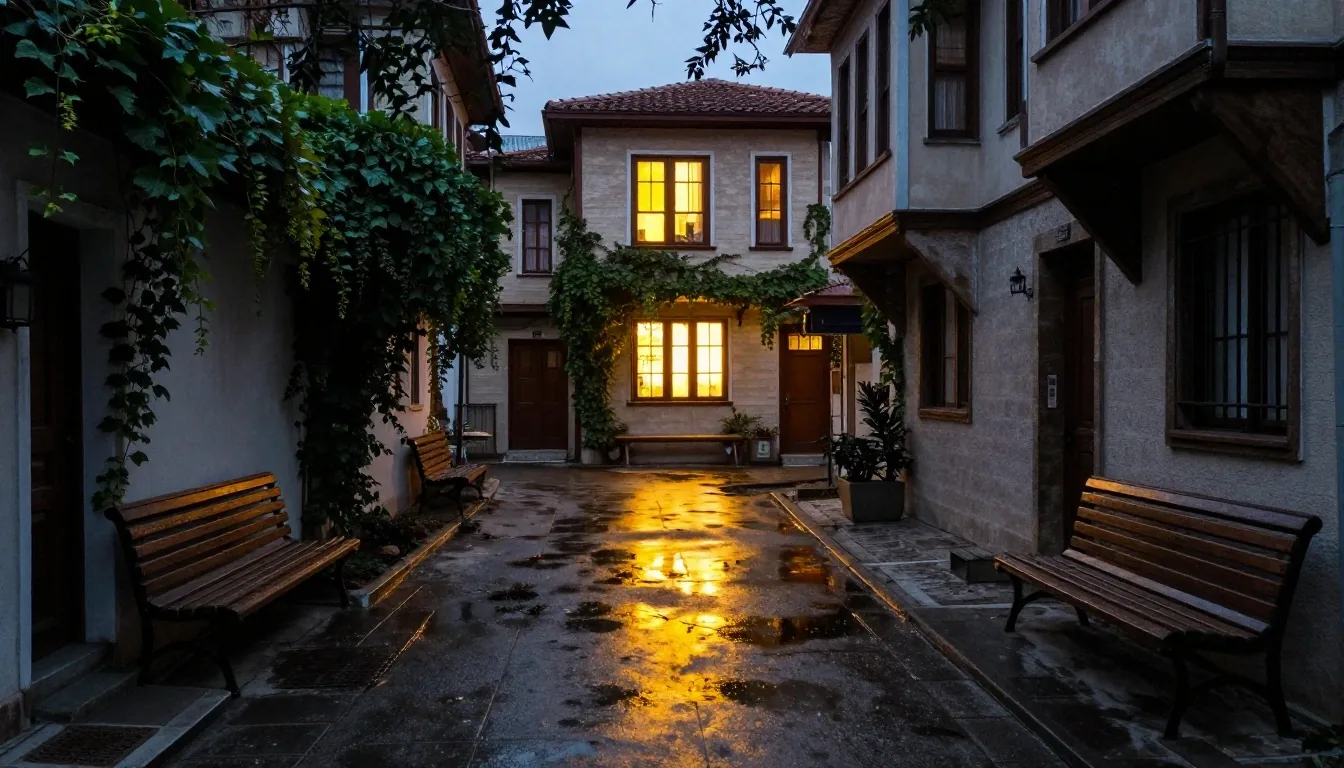 Akşam ışığında İstanbul'da çalışma masası ve sokak