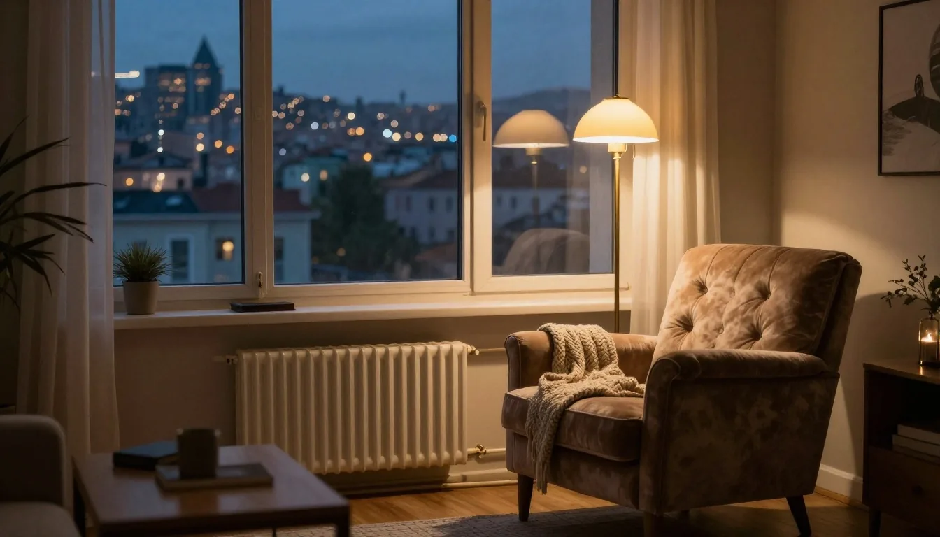 Akşam ışığında bütçe defteri ve zarfların durduğu ev çalışma masası