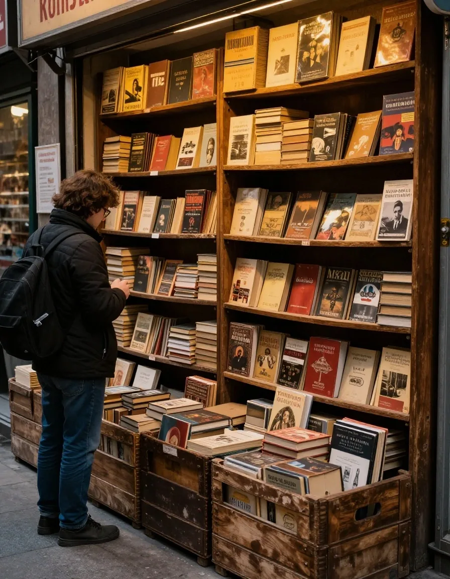 İkinci el kitap pazarında uygun fiyatlı kitaplara bakan kişi